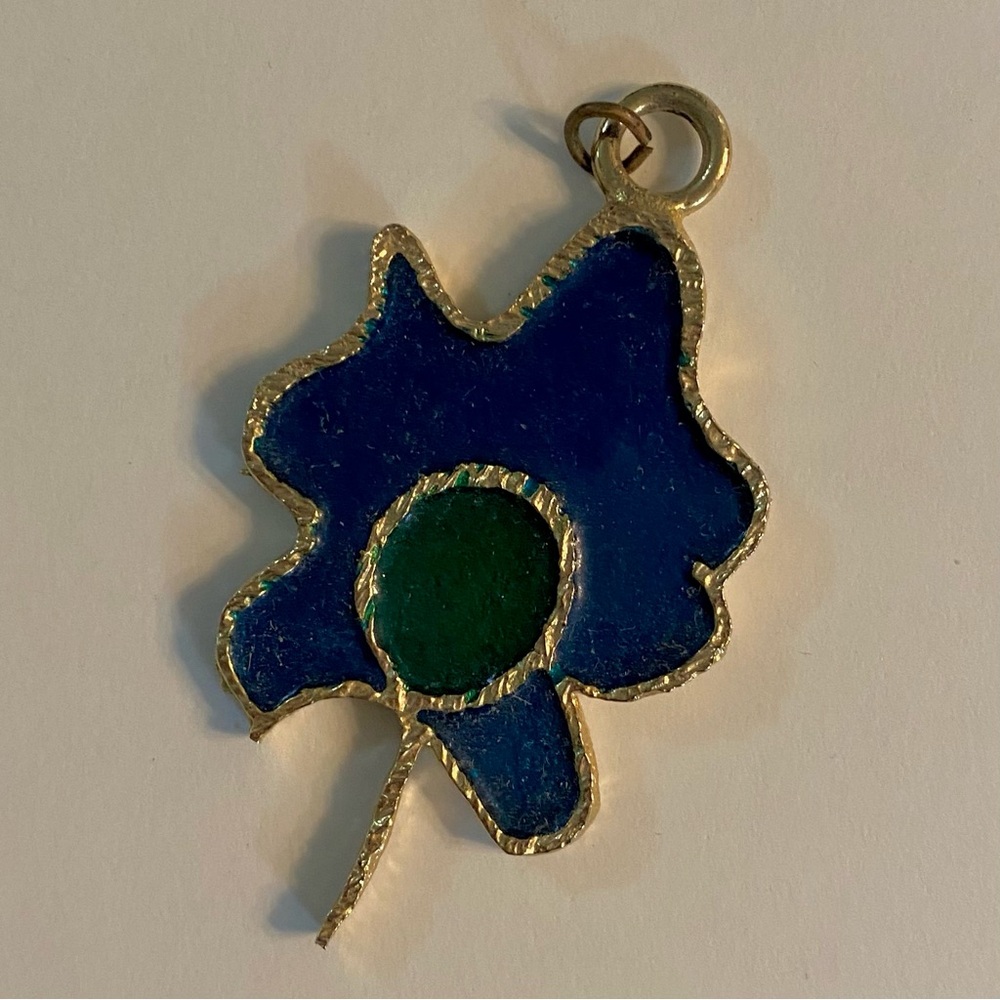 Vintage pendant, stained glass look with gold tone, blue and green resin